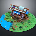 Wooden Mobile House With Tiled Roof Wheels Grass River And Mushrooms