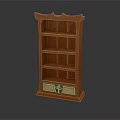 Standing Orange Wooden Bookcase With Multiple Shelves And Classic Decorative Base Design