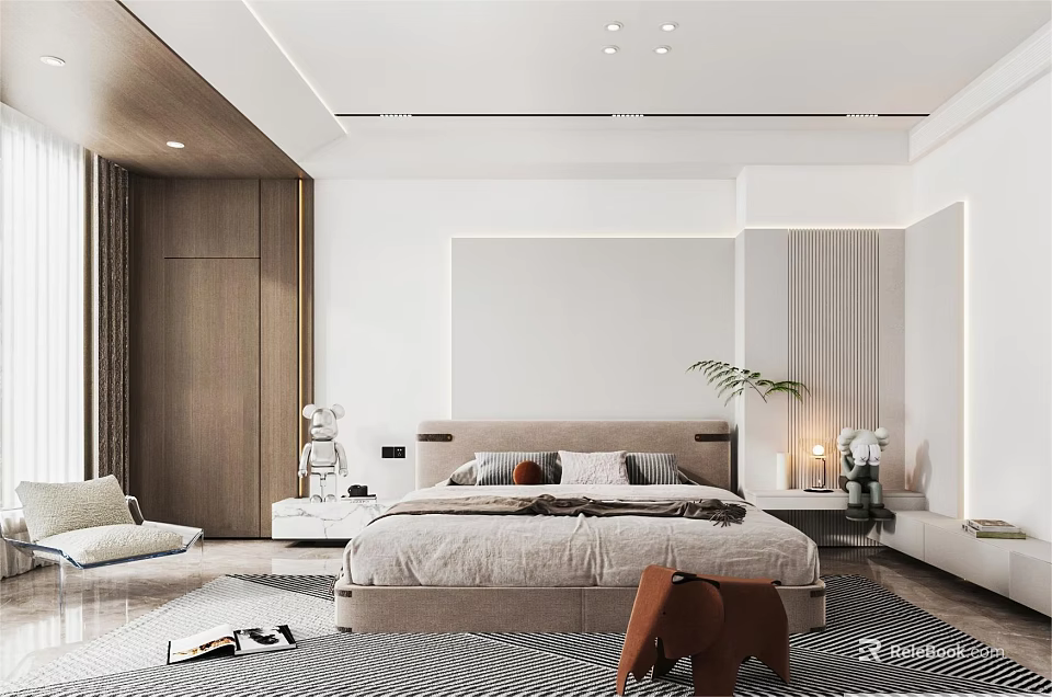 Modern Bedroom Interior With Comfortable Bed Pillows Nightstand Lamp Plant And Rug 3d model 