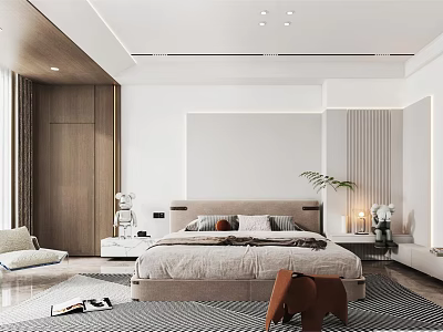 Modern Bedroom Interior With Comfortable Bed Pillows Nightstand Lamp Plant And Rug 3d model