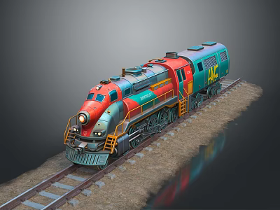 Colorful Retro Train With Red Green Body On Railway Track And Metal Wheels 3d model