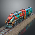 Colorful Retro Train With Red Green Body On Railway Track And Metal Wheels