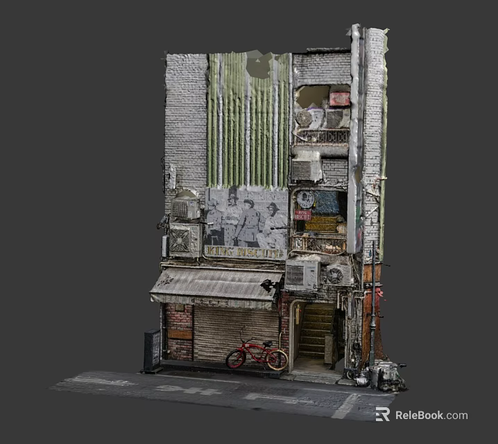 Cartoon Old Street Scene With Brick Wall Roller Shutter Posters Red Bicycle And Air Conditioners 3d model 
