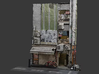 Cartoon Old Street Scene With Brick Wall Roller Shutter Posters Red Bicycle And Air Conditioners 3d model