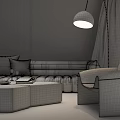 Modern Sofa Coffee Table Combination with Large Windows Forest View Sunlight Green Plants and Rug