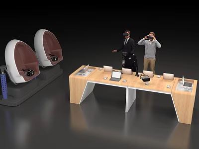 Modern Wooden Display Shelf With VR Headsets And Interactive Devices For People 3d model