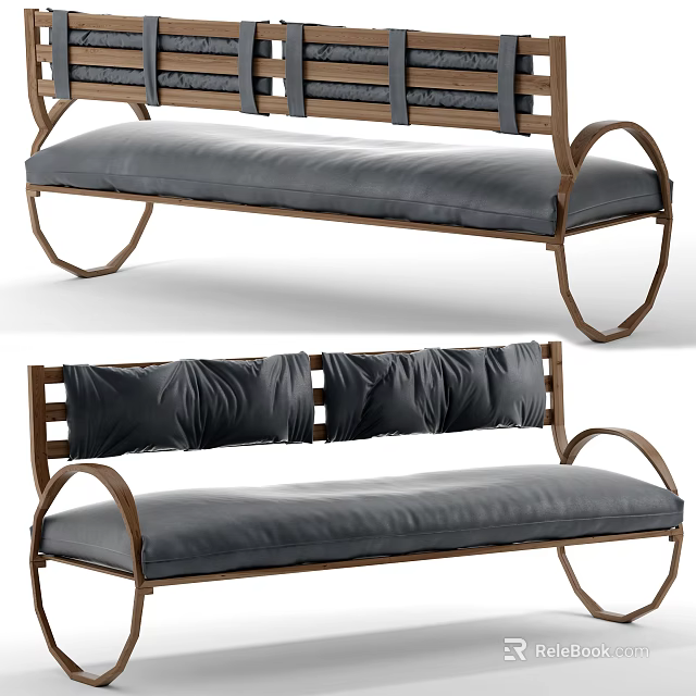 Modern Sectional Sofa With Wooden Frame Black Cushions And Curved Legs Design 3d model 