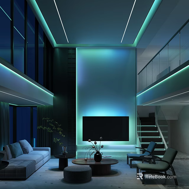Modern Loft Living Room With Stylish Ambient LED Strip Lighting And Cozy Interior Furnishings 3d model 