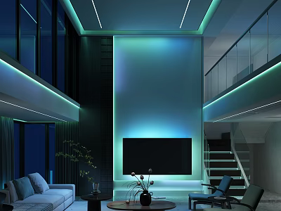 Modern Loft Living Room With Stylish Ambient LED Strip Lighting And Cozy Interior Furnishings 3d model