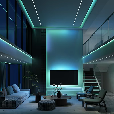 Modern Loft Living Room With Stylish Ambient LED Strip Lighting And Cozy Interior Furnishings 3d model
