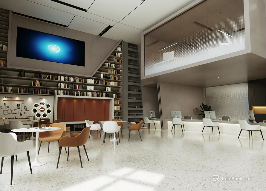 Spacious Modern Service Hall Interior With Service Counters Digital Screens And Waiting Seats 3d model 