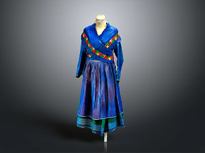 Blue Traditional Dress With Colorful Embroidery Long Sleeves And Layered Skirt 3d model