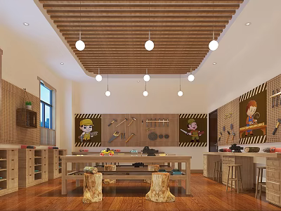 Kindergarten Wooden Themed Learning Space With Cartoon Character Decor Tree Stump Seats And Workbenches 3d model