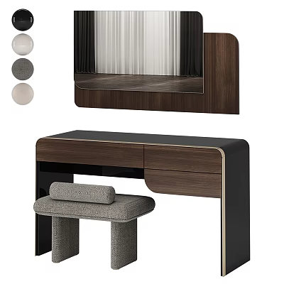 Modern Dark Wood Dressing Table With Mirror Storage Drawers And Upholstered Stool 3d model