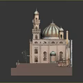 Islamic Architectural Model With Blue Dome Two Minarets Arched Doors And Brown Facade