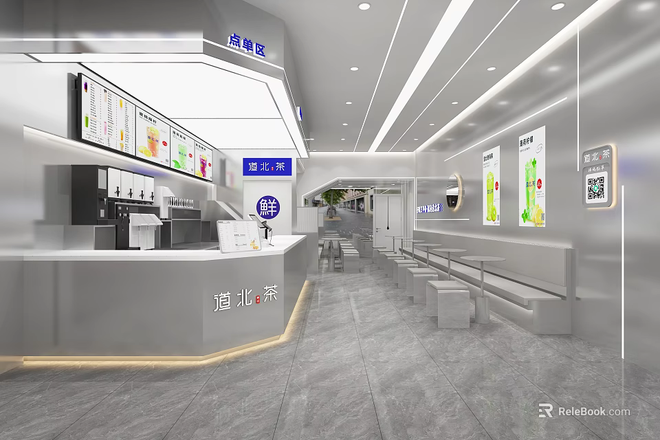 Modern Milk Tea Shop Interior With Bar Counter Menu Board And Seating Area 3d model 