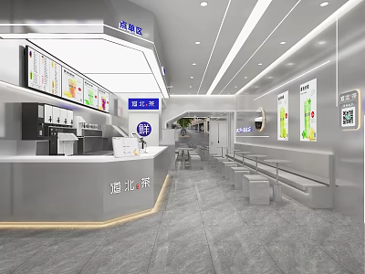 Modern Milk Tea Shop Interior With Bar Counter Menu Board And Seating Area 3d model