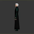 White Haired Character Design In Dark Long Coat With Gold Buttons And Blue Inner Garment