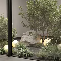 Indoor Landscape Design With Glass Walls Various Green Plants Round Lights Stones And Ground Cover
