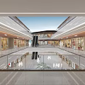 Spacious Shopping Mall Atrium Featuring Modern Design Escalators Storefronts Pedestrians and Bright Lighting