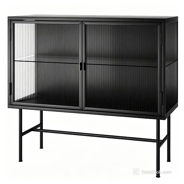 Modern Black Sideboard Cabinet With Fluted Glass Doors And Durable Metal Legs For Dining Storage 3d model 