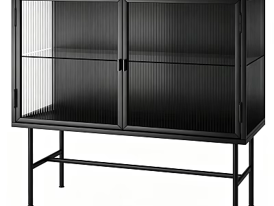 Modern Black Sideboard Cabinet With Fluted Glass Doors And Durable Metal Legs For Dining Storage 3d model