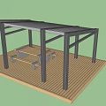 Outdoor Pergola Structure With Metal Frame Wooden Deck Table And Bench Seating 3d model