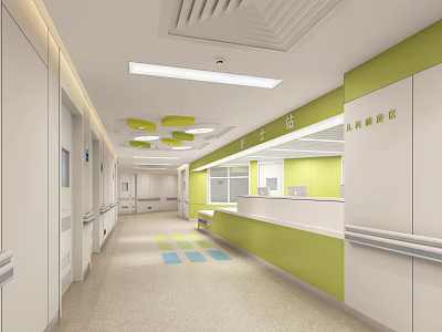 Bright Modern Hospital Outpatient Clinic Corridor With Green White Walls Reception Counter And Ceiling Lights 3d model