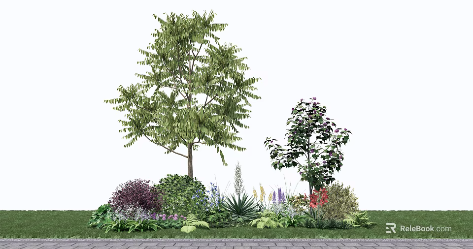 Tall Arbor with Lush Green Foliage Purple Shrubs and Flowers in Garden 3d model 