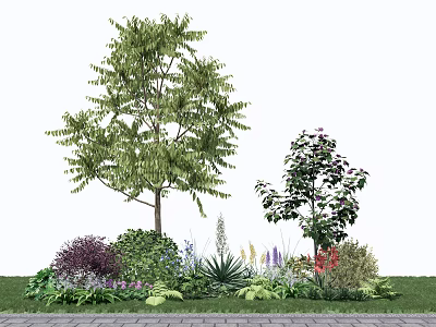 Tall Arbor with Lush Green Foliage Purple Shrubs and Flowers in Garden 3d model