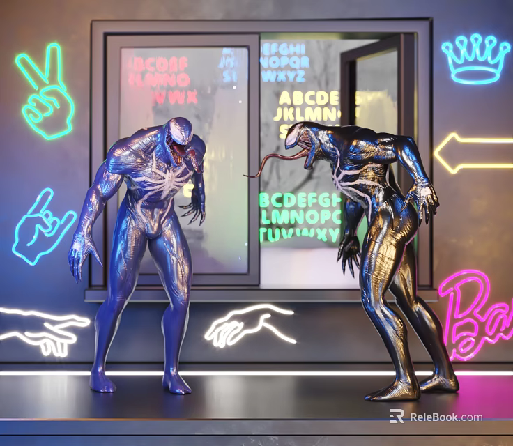 Stylish Decorative Figurine Set With Blue And Black Metallic Figures And Neon Light Background 3d model 