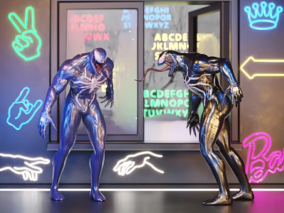 Stylish Decorative Figurine Set With Blue And Black Metallic Figures And Neon Light Background 3d model