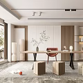 Quiet Study Home Study Desk and Chair Combination Bookcase End View Table Chandelier Wall Decoration Carpet Curtain 3d model