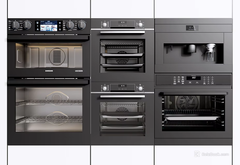 Black Built in Modern Kitchen Appliances With Ovens And Coffee Maker Neatly Arranged 3d model 
