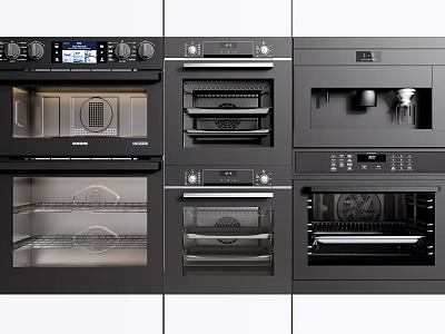 Black Built in Modern Kitchen Appliances With Ovens And Coffee Maker Neatly Arranged 3d model