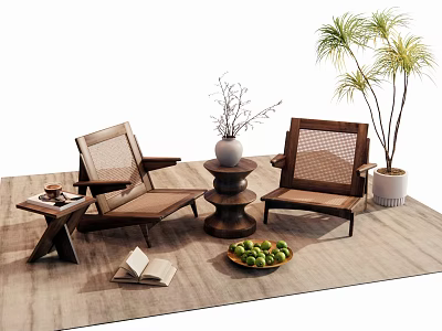 Comfortable Wooden Leisure Chairs With Side Table Vase Potted Plant And Fruit Bowl 3d model