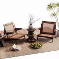 Comfortable Wooden Leisure Chairs With Side Table Vase Potted Plant And Fruit Bowl