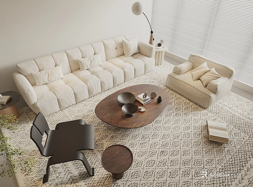 Modern Cream Sofa Coffee Table Set with Round Table Rug Floor Lamp and Armchair 3d model 