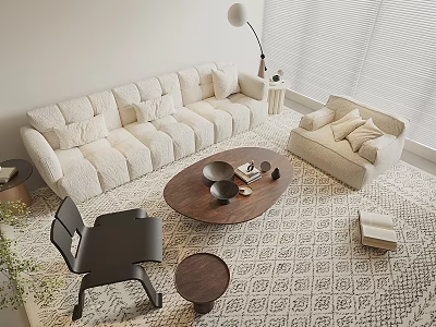 Modern Cream Sofa Coffee Table Set with Round Table Rug Floor Lamp and Armchair 3d model