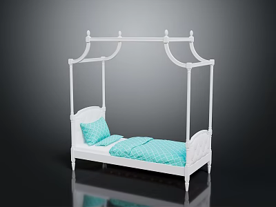 White Four Poster Bed With Blue Bedding And Elegant Frame Design 3d model