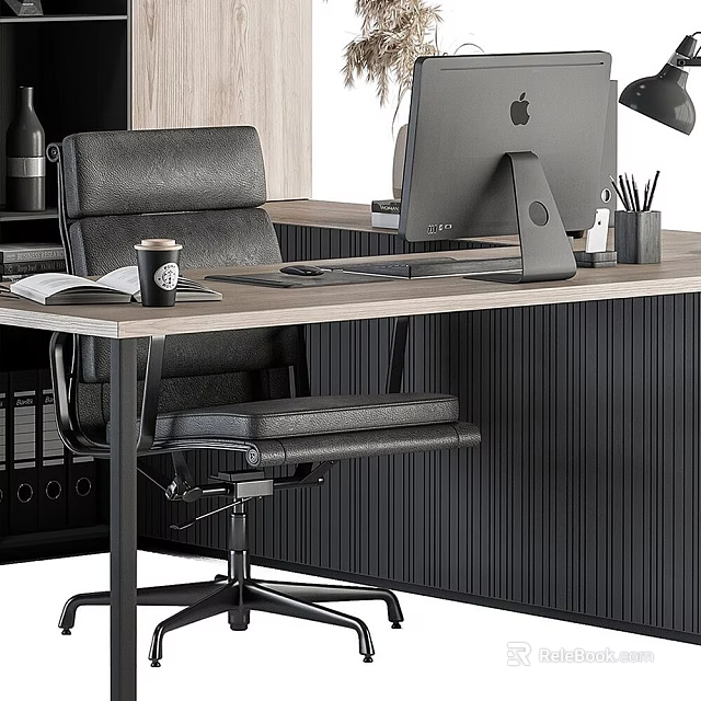 Modern Bookshelf In Home Office With Desk Leather Chair And Computer Monitor 3d model 