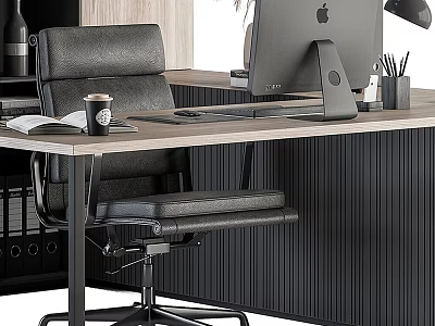 Modern Bookshelf In Home Office With Desk Leather Chair And Computer Monitor 3d model