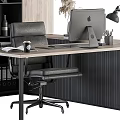 Modern Bookshelf In Home Office With Desk Leather Chair And Computer Monitor