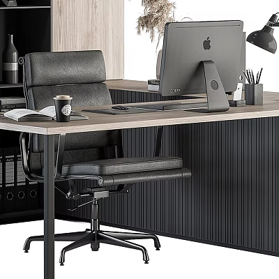 Modern Bookshelf In Home Office With Desk Leather Chair And Computer Monitor 3d model