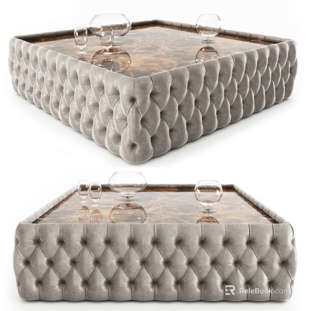 Elegant Modern Gray Velvet Tufted Coffee Table With Marble Top And Wine Glasses 3d model 