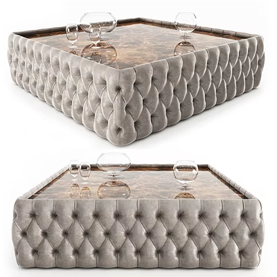 Elegant Modern Gray Velvet Tufted Coffee Table With Marble Top And Wine Glasses 3d model