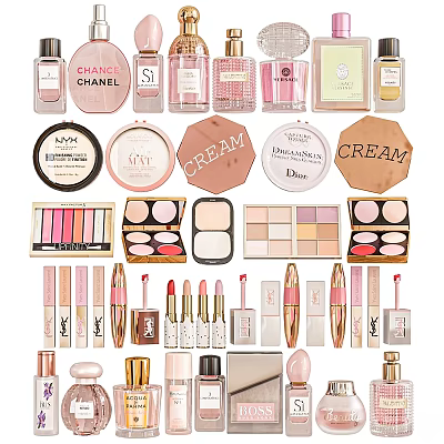 Luxury Perfume And Cosmetics Collection With Cream Jars Eyeshadow Palettes And Lipsticks 3d model