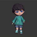 3D Cartoon Boy Character With Purple Hair Blue Eyes Green Hoodie And Backpack