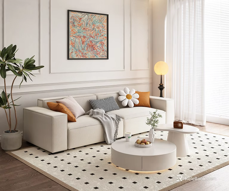 Modern Two Seater Sofa with Colorful Pillows and Floor Lamp on Black White Geometric Rug 3d model 