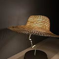 Straw Hat Shaped Table Lamp With Black Stand And White Round Base On Dark Background 3d model